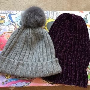 Two Beanies J.Crew Gray and Chenille in Deep Purple